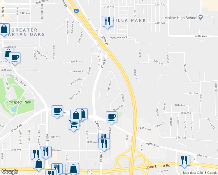 map of restaurants, bars, coffee shops, grocery stores, and more near 2922 28th Avenue A in Moline