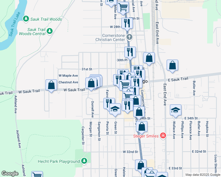 map of restaurants, bars, coffee shops, grocery stores, and more near 125 West Sauk Trail in Chicago Heights