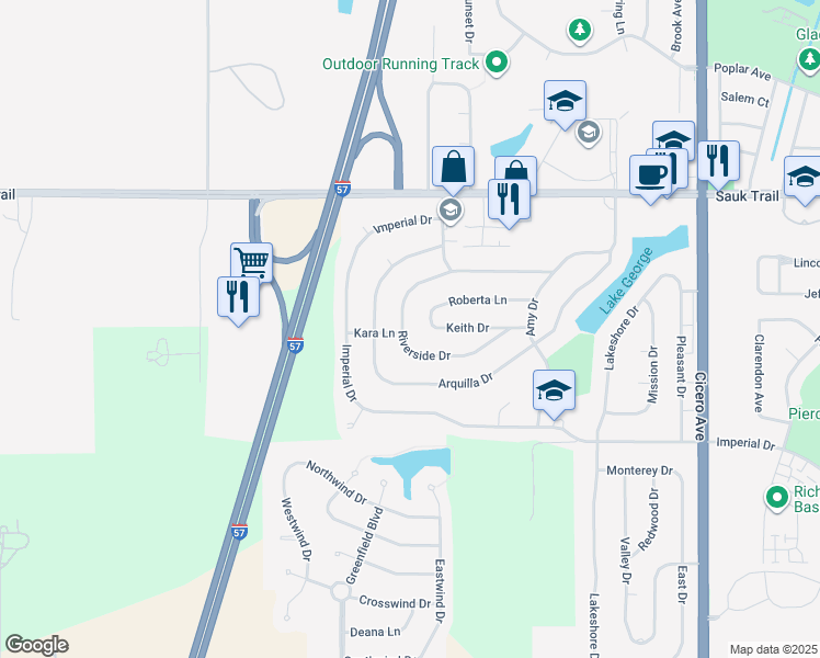 map of restaurants, bars, coffee shops, grocery stores, and more near 22515 Riverside Drive in Richton Park
