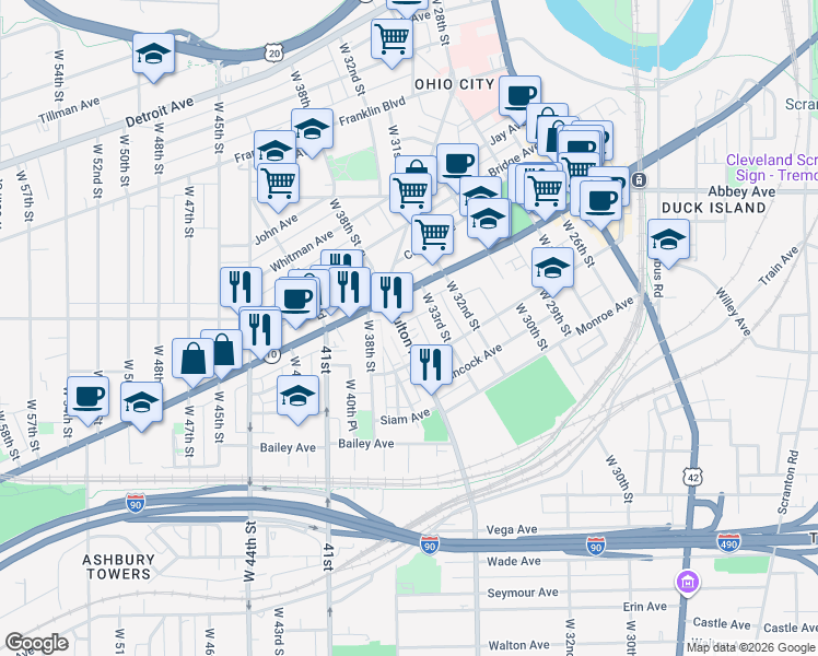map of restaurants, bars, coffee shops, grocery stores, and more near 2071 Fulton Road in Cleveland