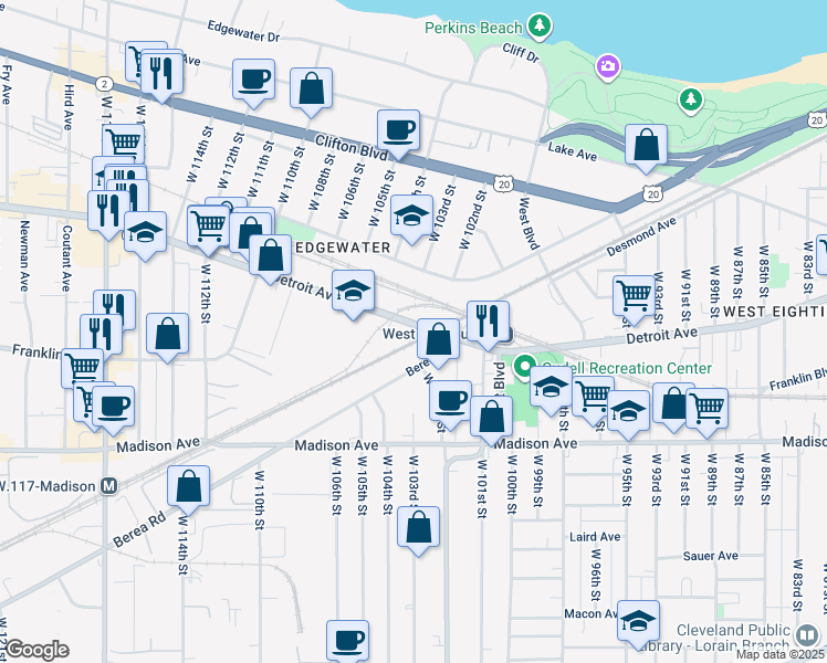 map of restaurants, bars, coffee shops, grocery stores, and more near 10462 Detroit Avenue in Cleveland