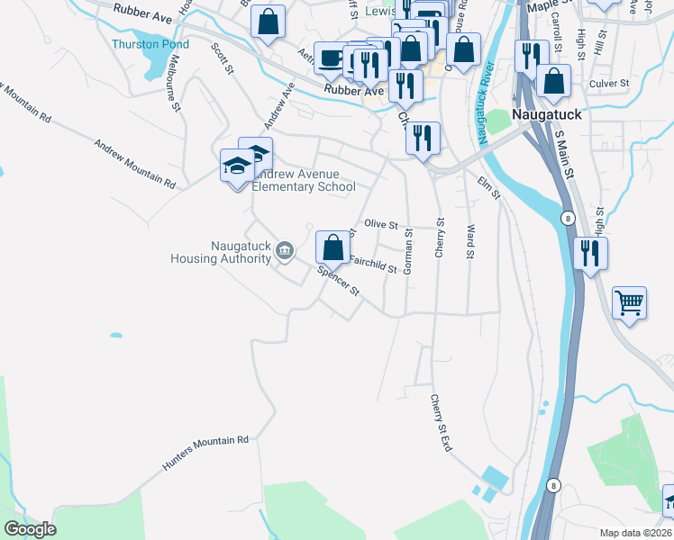 map of restaurants, bars, coffee shops, grocery stores, and more near 156 Lewis Street in Naugatuck