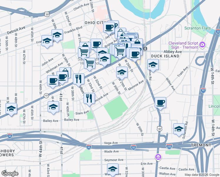 map of restaurants, bars, coffee shops, grocery stores, and more near 2177 West 31st Street in Cleveland
