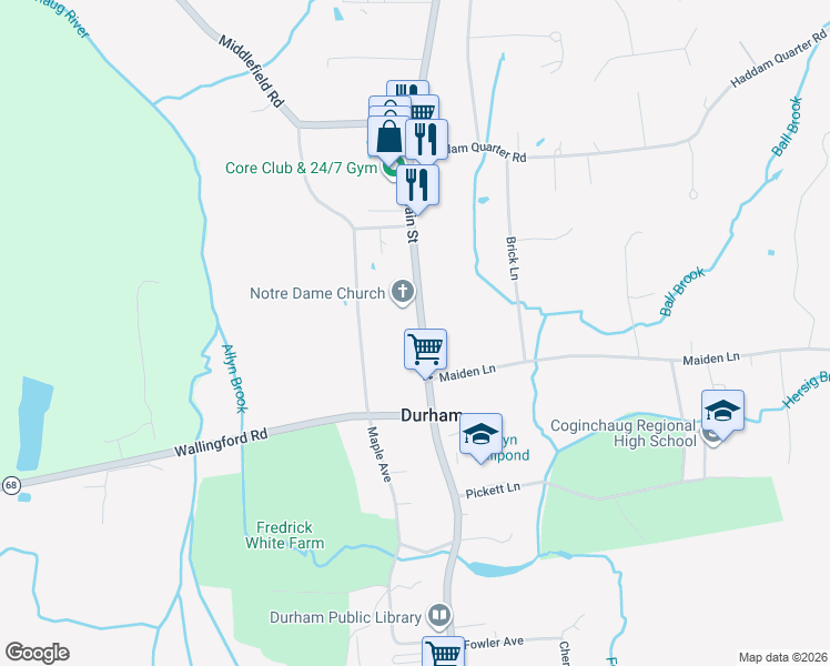 map of restaurants, bars, coffee shops, grocery stores, and more near 272 Main Street in Durham