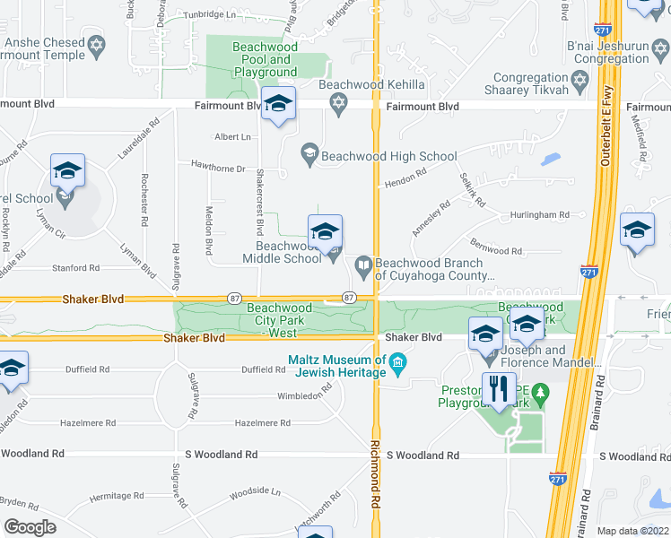 map of restaurants, bars, coffee shops, grocery stores, and more near 2860 Richmond Road in Beachwood