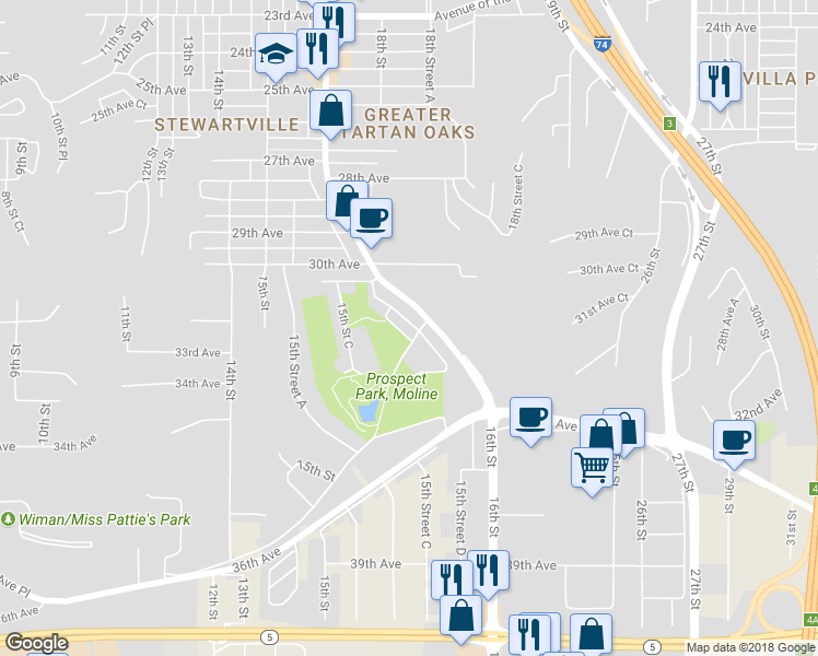 map of restaurants, bars, coffee shops, grocery stores, and more near 3227 Park 16th Street in Moline