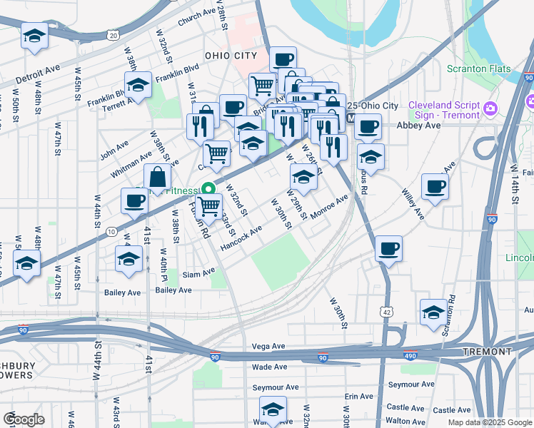 map of restaurants, bars, coffee shops, grocery stores, and more near 2177 West 31st Street in Cleveland