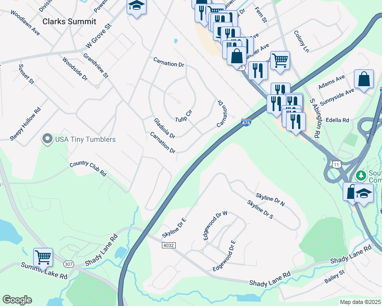 map of restaurants, bars, coffee shops, grocery stores, and more near 534 Gladiola Drive in Clarks Summit