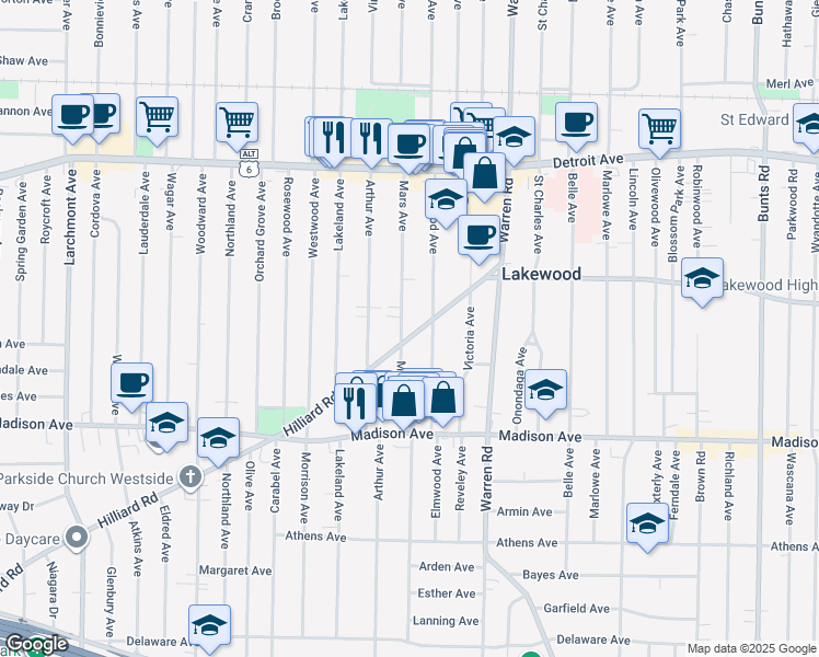 map of restaurants, bars, coffee shops, grocery stores, and more near 1546 Mars Avenue in Lakewood