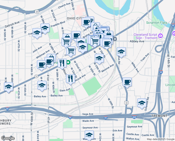 map of restaurants, bars, coffee shops, grocery stores, and more near 3016 Chatham Avenue in Cleveland