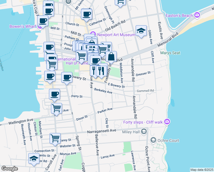 map of restaurants, bars, coffee shops, grocery stores, and more near 5 Weaver Avenue in Newport