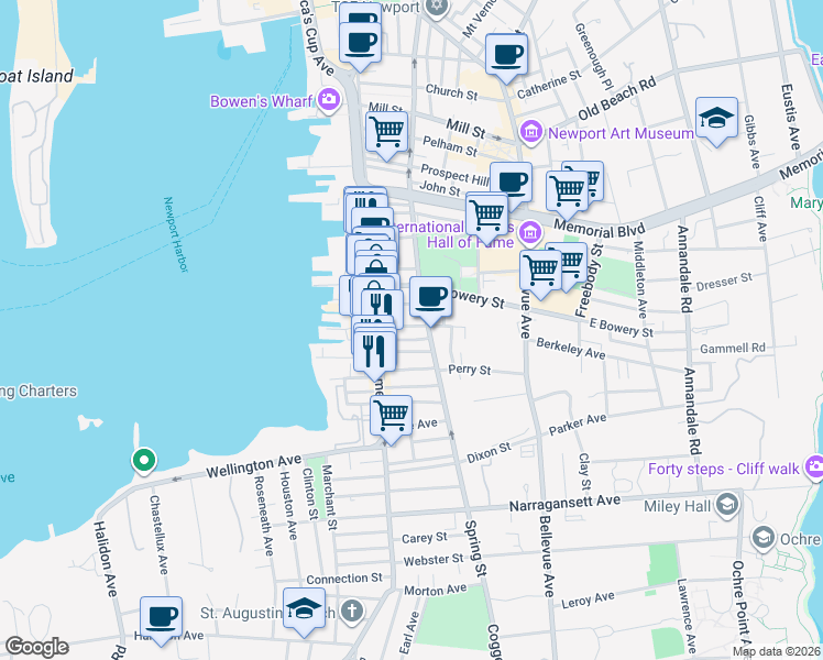 map of restaurants, bars, coffee shops, grocery stores, and more near 37 Howard Street in Newport