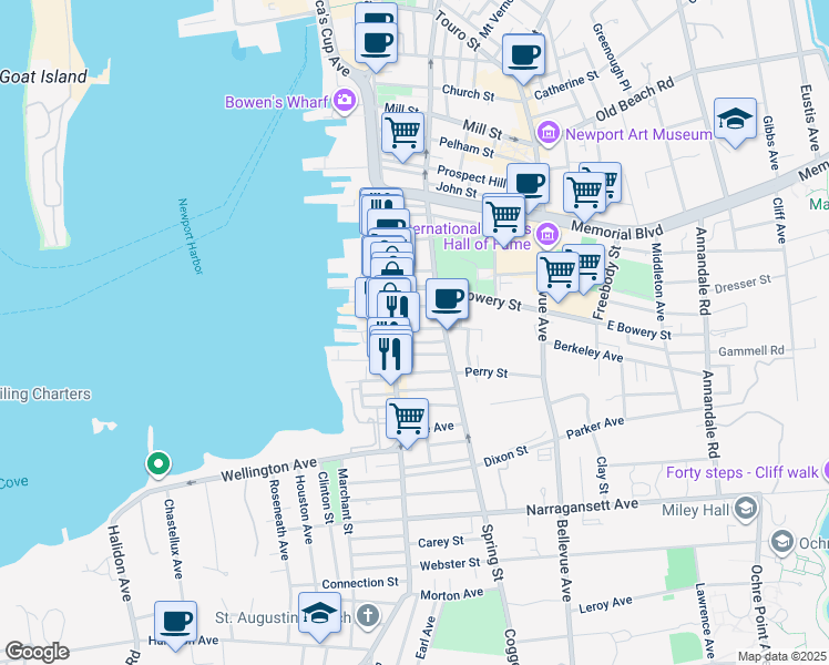map of restaurants, bars, coffee shops, grocery stores, and more near 37 Howard Street in Newport