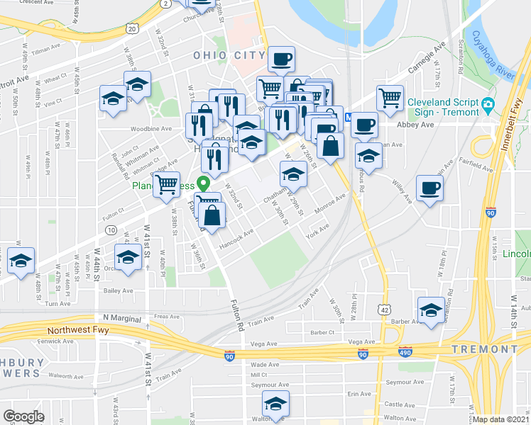 map of restaurants, bars, coffee shops, grocery stores, and more near 3016 Chatham Avenue in Cleveland