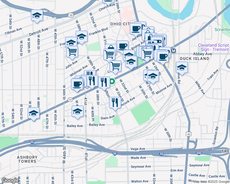 map of restaurants, bars, coffee shops, grocery stores, and more near 3333 Lorain Avenue in Cleveland