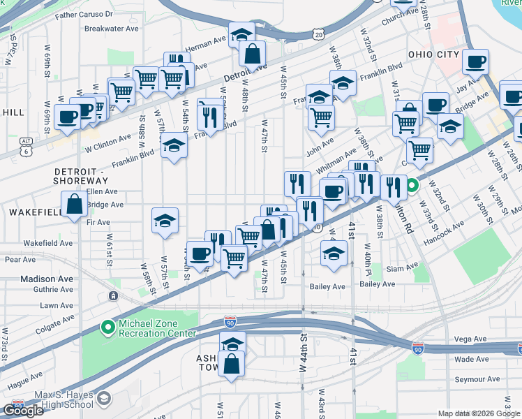 map of restaurants, bars, coffee shops, grocery stores, and more near 1907 West 47th Street in Cleveland