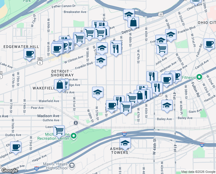 map of restaurants, bars, coffee shops, grocery stores, and more near 5210 Bridge Avenue in Cleveland