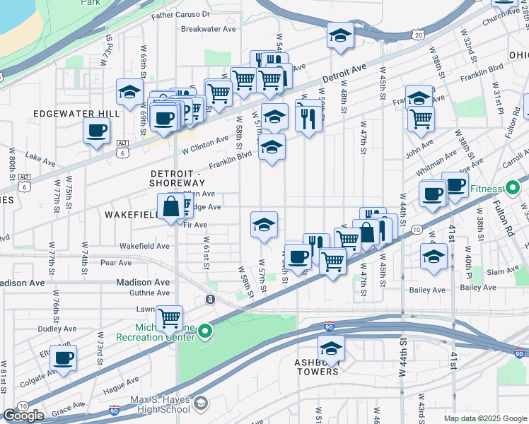 map of restaurants, bars, coffee shops, grocery stores, and more near in Cleveland