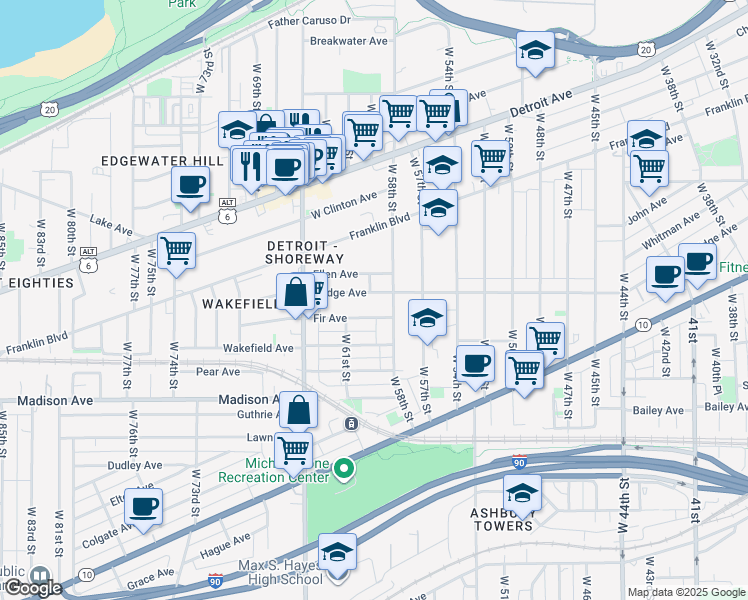 map of restaurants, bars, coffee shops, grocery stores, and more near 5901 Ellen Avenue in Cleveland