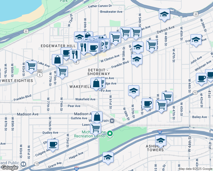 map of restaurants, bars, coffee shops, grocery stores, and more near 6302 Bridge Avenue in Cleveland