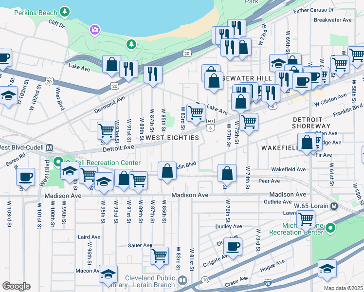 map of restaurants, bars, coffee shops, grocery stores, and more near in Cleveland