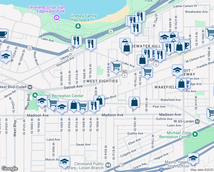 map of restaurants, bars, coffee shops, grocery stores, and more near in Cleveland