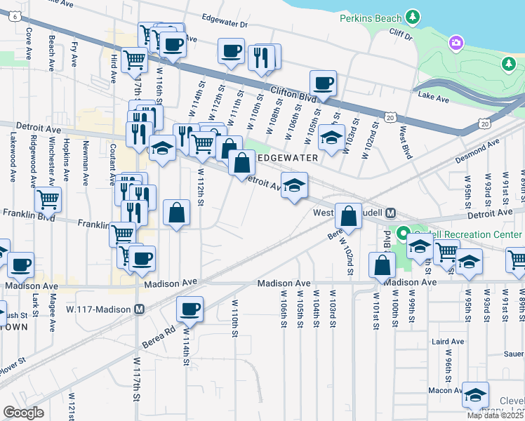 map of restaurants, bars, coffee shops, grocery stores, and more near 10603 Detroit Avenue in Cleveland