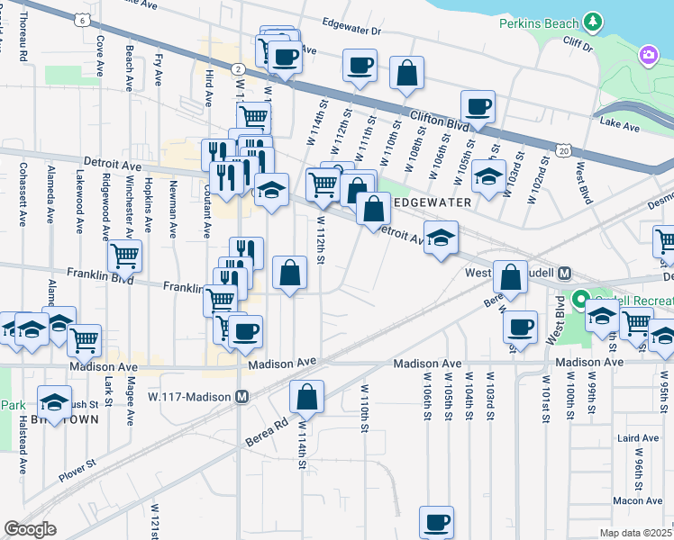 map of restaurants, bars, coffee shops, grocery stores, and more near 1438 West 110th Street in Cleveland