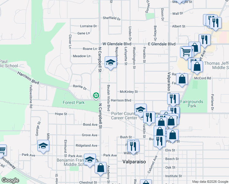 map of restaurants, bars, coffee shops, grocery stores, and more near 1305 Beulah Vista Boulevard in Valparaiso