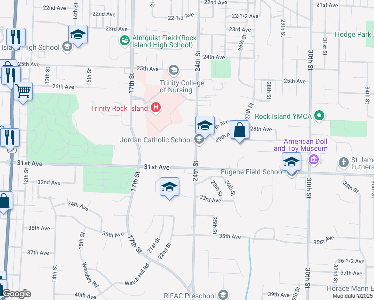 map of restaurants, bars, coffee shops, grocery stores, and more near 2850 24th Street in Rock Island