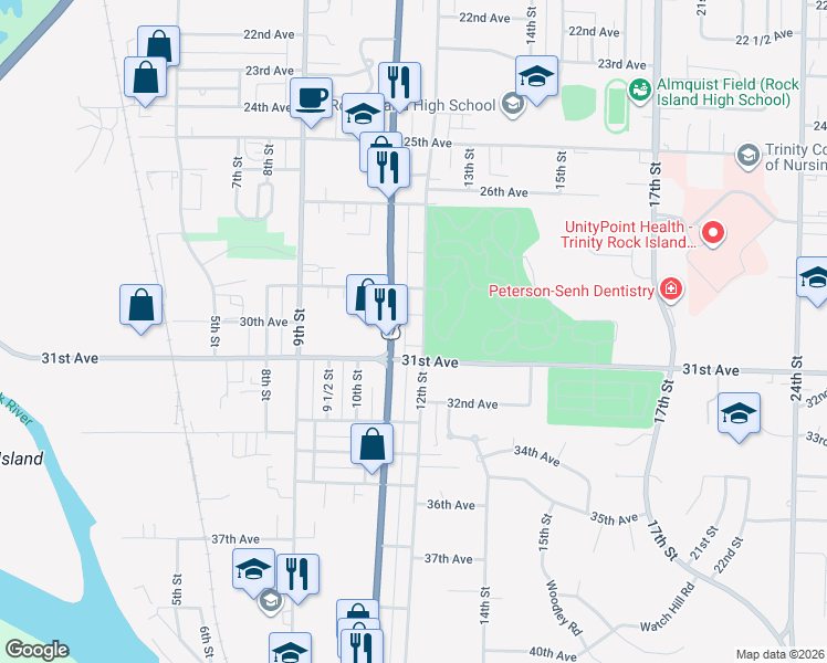 map of restaurants, bars, coffee shops, grocery stores, and more near 2908 12th St in Rock Island