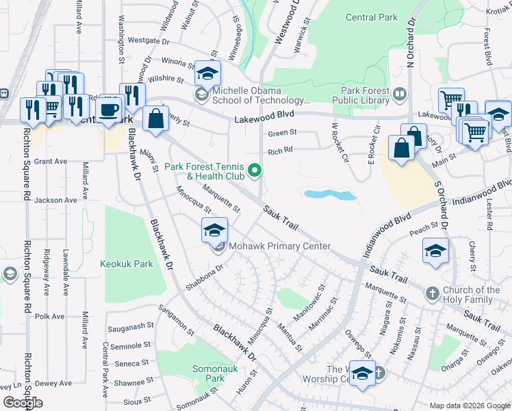 map of restaurants, bars, coffee shops, grocery stores, and more near 303 Sauk Trail in Park Forest