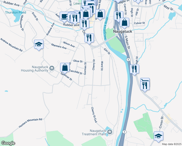 map of restaurants, bars, coffee shops, grocery stores, and more near 219 Cherry Street in Naugatuck