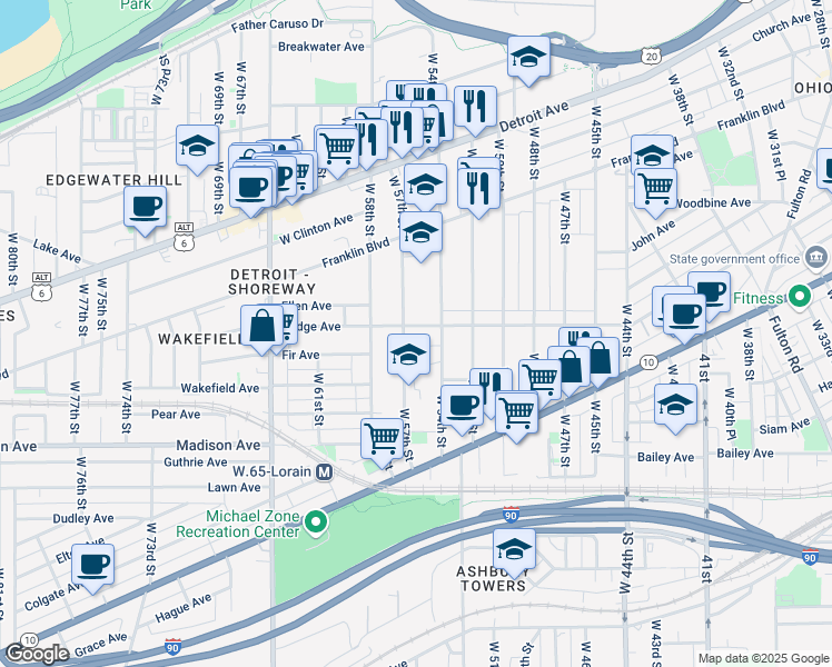 map of restaurants, bars, coffee shops, grocery stores, and more near 5515 Bridge Avenue in Cleveland
