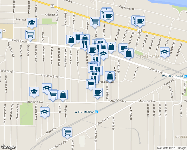 map of restaurants, bars, coffee shops, grocery stores, and more near 1512 W 117th St in Lakewood