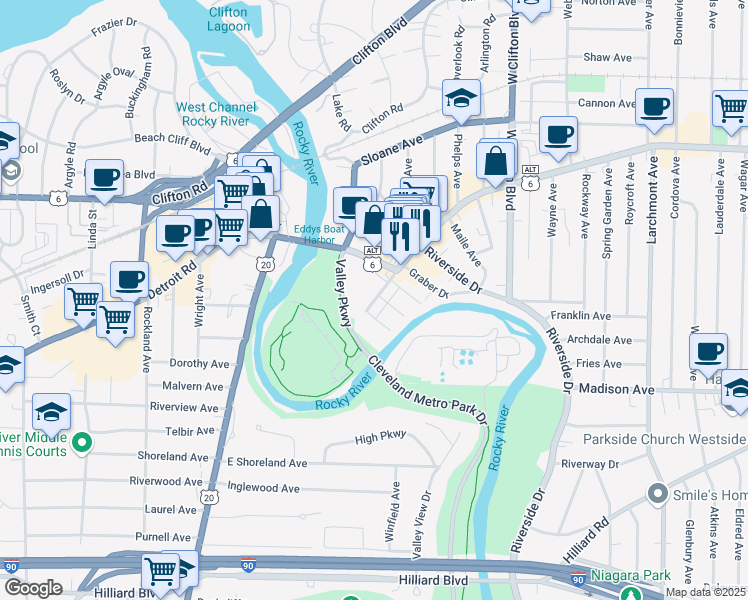 map of restaurants, bars, coffee shops, grocery stores, and more near 18874 Detroit Extension in Lakewood