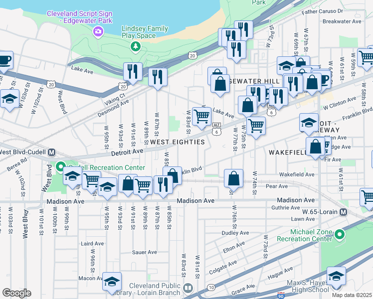 map of restaurants, bars, coffee shops, grocery stores, and more near 8301 Detroit Avenue in Cleveland