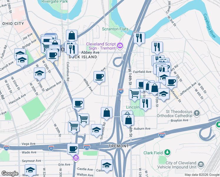 map of restaurants, bars, coffee shops, grocery stores, and more near 2301 Scranton Road in Cleveland