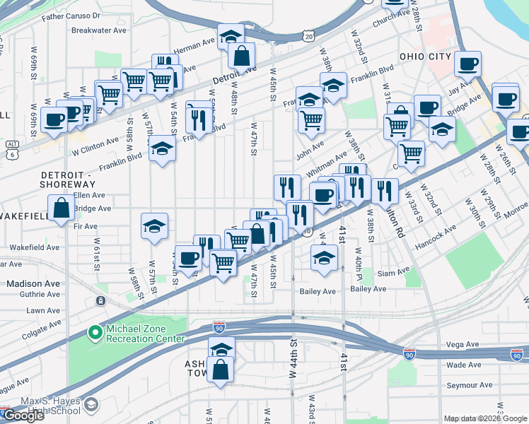 map of restaurants, bars, coffee shops, grocery stores, and more near 1907 West 47th Street in Cleveland
