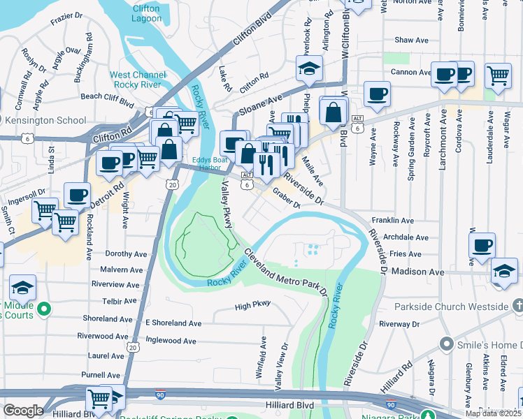 map of restaurants, bars, coffee shops, grocery stores, and more near 18865 Detroit Extension in Lakewood