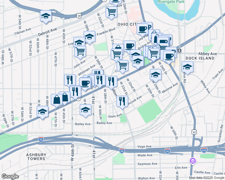 map of restaurants, bars, coffee shops, grocery stores, and more near 2048 Fulton Road in Cleveland