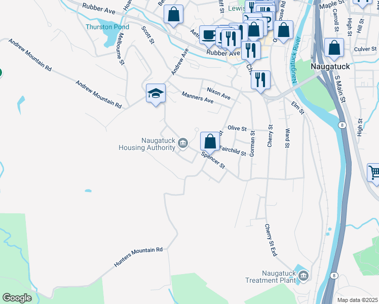 map of restaurants, bars, coffee shops, grocery stores, and more near 9 Lewis Circle in Naugatuck