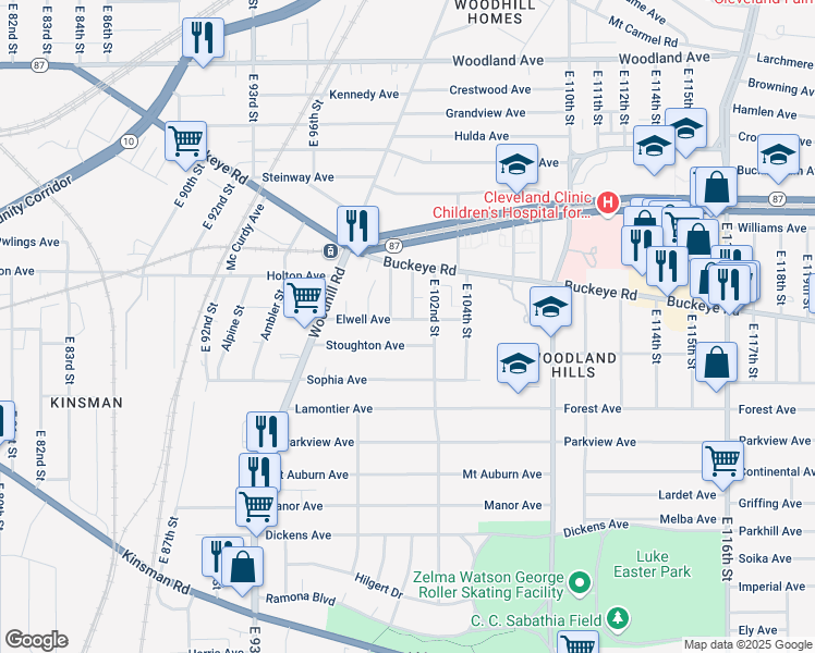 map of restaurants, bars, coffee shops, grocery stores, and more near 2863 East 100th Street in Cleveland