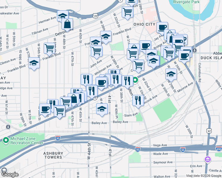 map of restaurants, bars, coffee shops, grocery stores, and more near 1697 Bradford Avenue in Cleveland