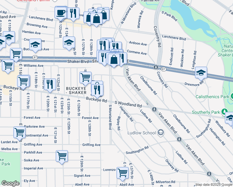 map of restaurants, bars, coffee shops, grocery stores, and more near 2840 Ludlow Road in Cleveland