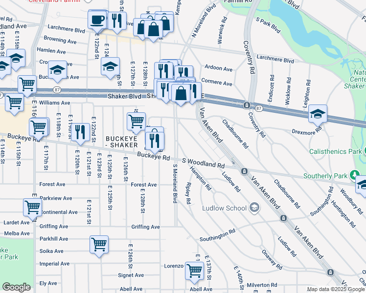 map of restaurants, bars, coffee shops, grocery stores, and more near 2840 Ludlow Road in Cleveland