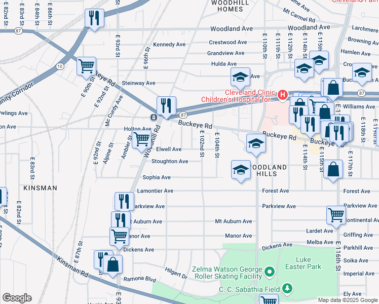map of restaurants, bars, coffee shops, grocery stores, and more near 2863 East 100th Street in Cleveland