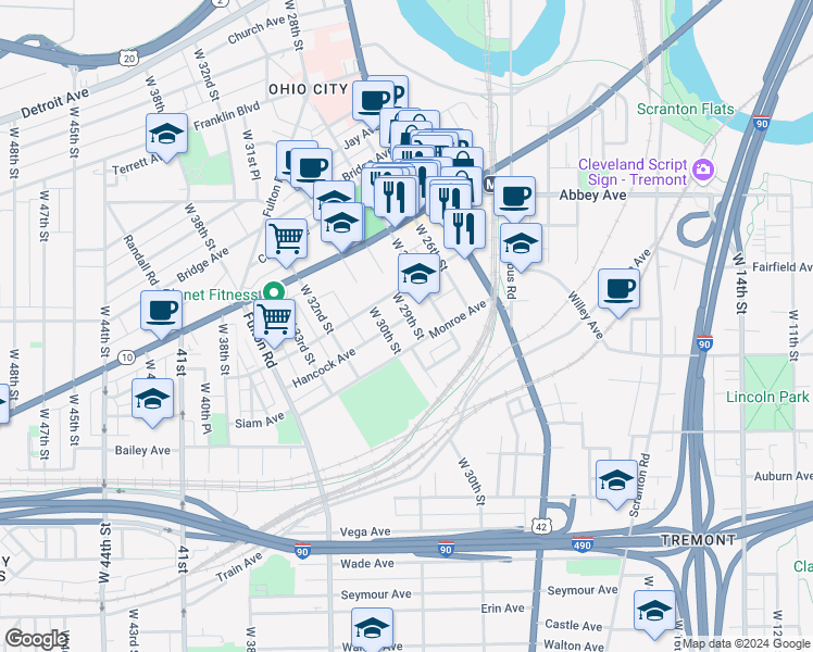 map of restaurants, bars, coffee shops, grocery stores, and more near 2150 West 29th Street in Cleveland
