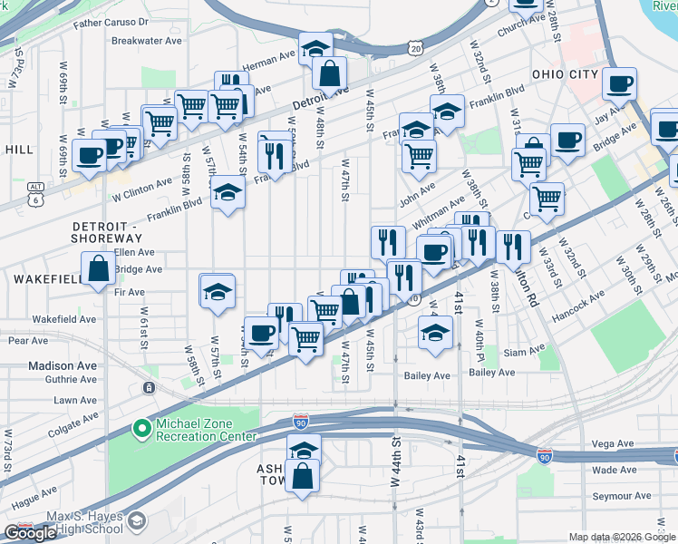 map of restaurants, bars, coffee shops, grocery stores, and more near 1907 West 47th Street in Cleveland