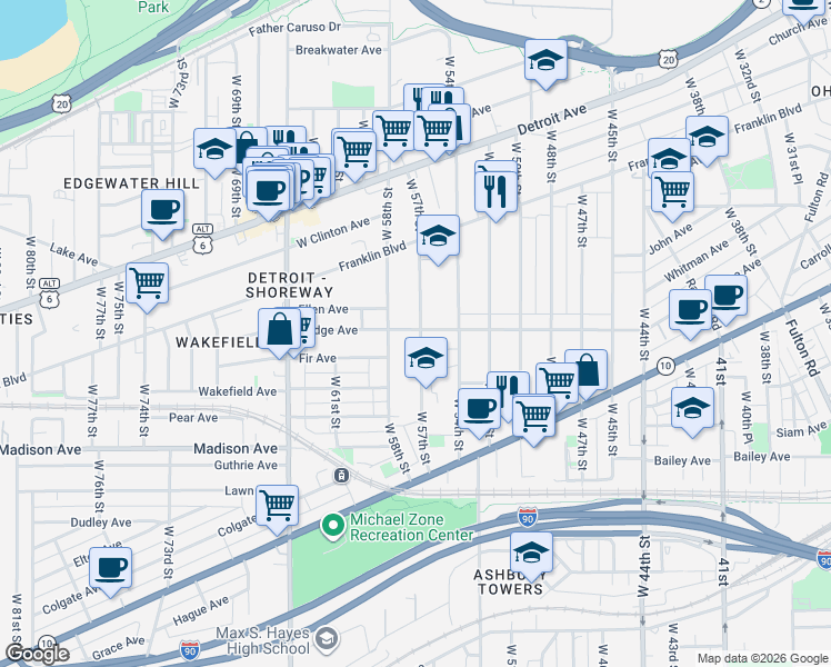 map of restaurants, bars, coffee shops, grocery stores, and more near 1861 West 58th Street in Cleveland